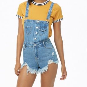 Distressed denim shorts overalls
